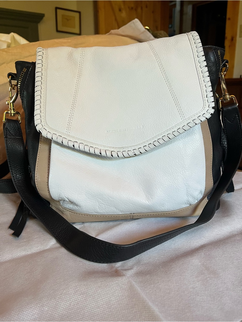 Aimee Kestenberg White, Black & Tan Leather Flap backpack/Shoulder Bag